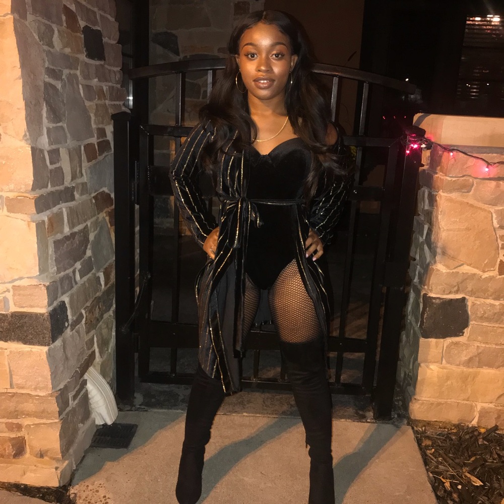 Black velvet leotard, Long cardigan